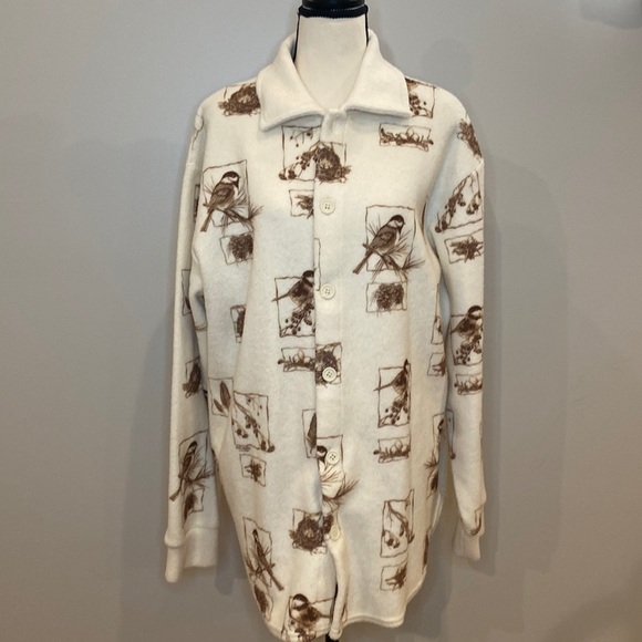 NWT Vintage womens L fleece shacket graphic button front bird nest made in USA - Picture 2 of 9